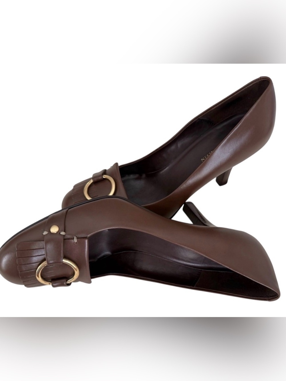 Anne Klein Brown Leather Pumps Size 8.5 Gold Ring Buckle Fringe New Without Box - Picture 7 of 13
